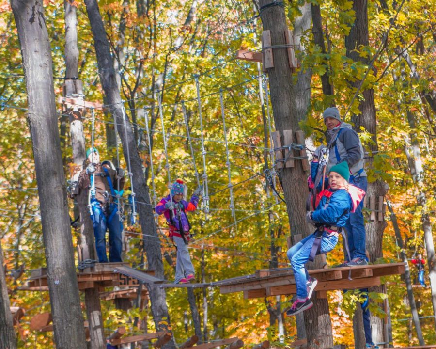 Group on the ropes course in autumn