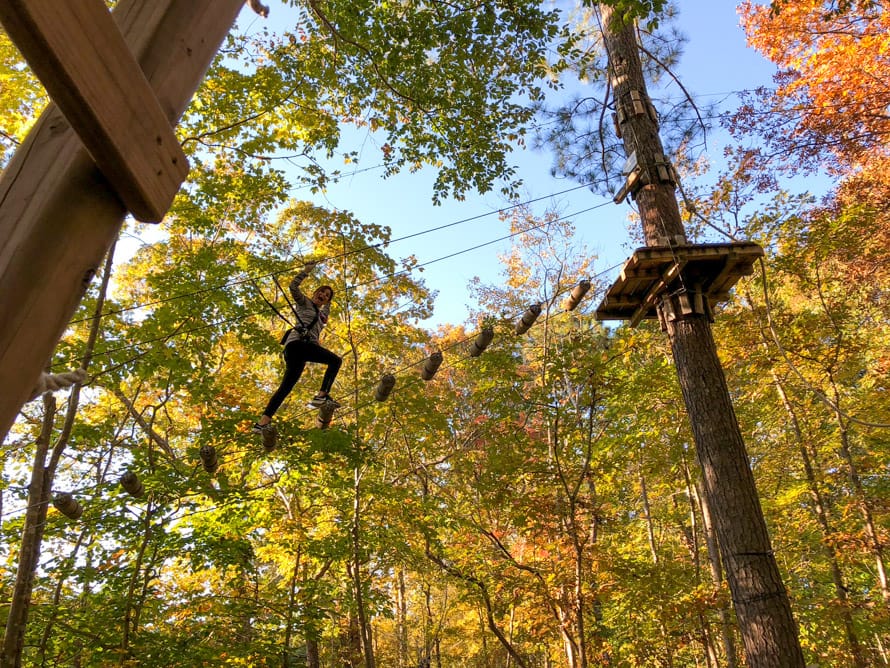 Crossing the adventure park in fall